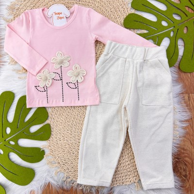 Conj. Blusa Manga Longa Flores 3D e Calça de Linho - Rosa e Areia